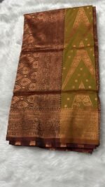 Olive Green Soft Silk Saree with Antique Copper Zari Border - Image 5