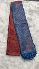 Dual-Tone Regal Silk Saree in Teal Blue & Deep Maroon - Image 4