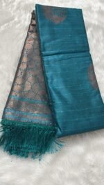 Elegant Peacock Teal Handloom Silk Saree with Antique Gold Zari Border - Image 5