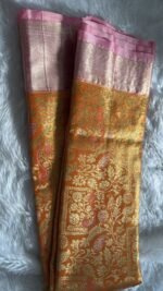 Sunset Gold & Rose Pink Handloom Banarasi Silk Saree - Image 5