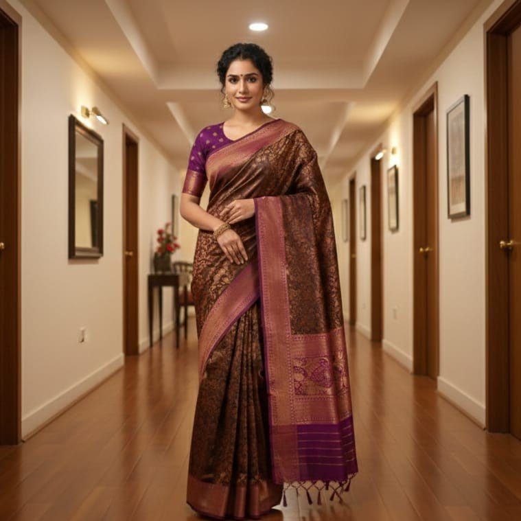 IMG-20260207-WA0043~2 Regal Midnight Mocha & Plum Brocade Silk Saree - Image 1