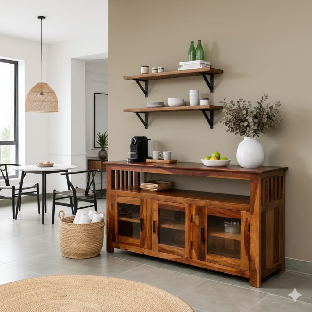 IMG-20260207-WA0081 Artisan Solid Wood Sideboard with Glass-Front Cabinets & Open Media Shelf - Image 1