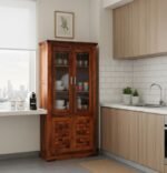 Premium Handcrafted Teak Wood Kitchen Crockery Unit - Dual-Tone Finish with Woven Texture Design