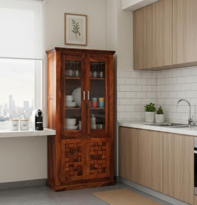 IMG-20260208-WA0011 Premium Handcrafted Teak Wood Kitchen Crockery Unit - Dual-Tone Finish with Woven Texture Design - Image 1