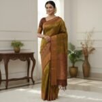 Olive Green Soft Silk Saree with Antique Copper Zari Border