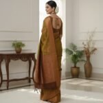 Olive Green Soft Silk Saree with Antique Copper Zari Border - Image 2