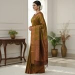 Olive Green Soft Silk Saree with Antique Copper Zari Border - Image 3