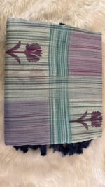 Ethereal Sea-Mist Linen Saree with Contemporary Floral Accents - Image 4