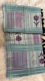 Ethereal Sea-Mist Linen Saree with Contemporary Floral Accents - Image 5